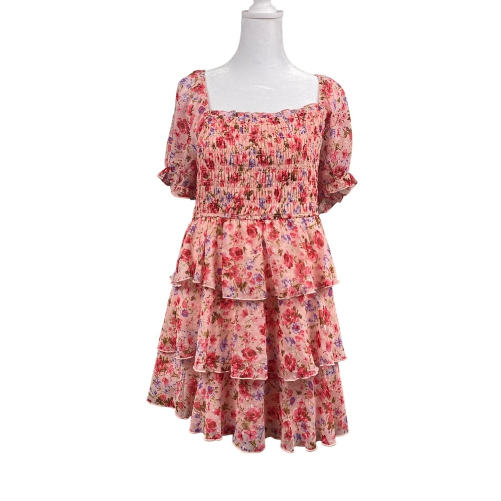 Thirty Thirty LA Womens XL Floral Tiered Mini Dress Pink Smocked Puff‎ Sleeve XL